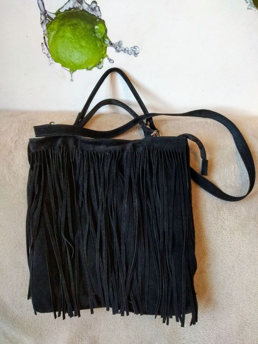 Torba boho skóra zamsz shopper frędzle