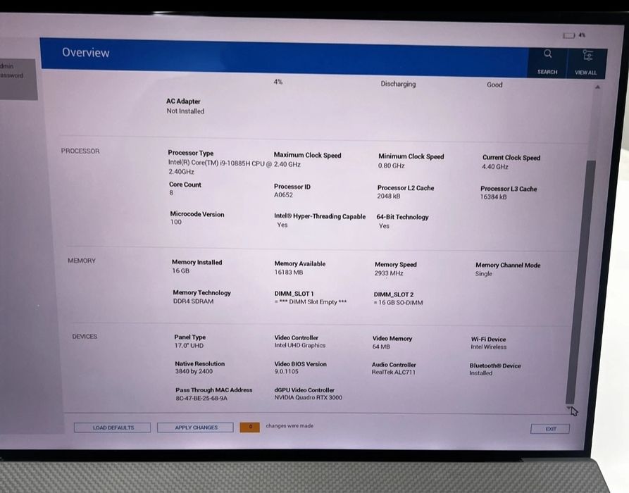 Dell Precision 5750 i9-10885H, NVi Quadro RTX 3000, 4K сенсор 16GB