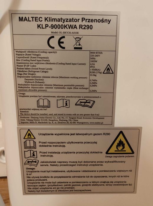 Klimatyzator przenośny Maltec KLP-9000KWA 9000 BTU 1003W R290