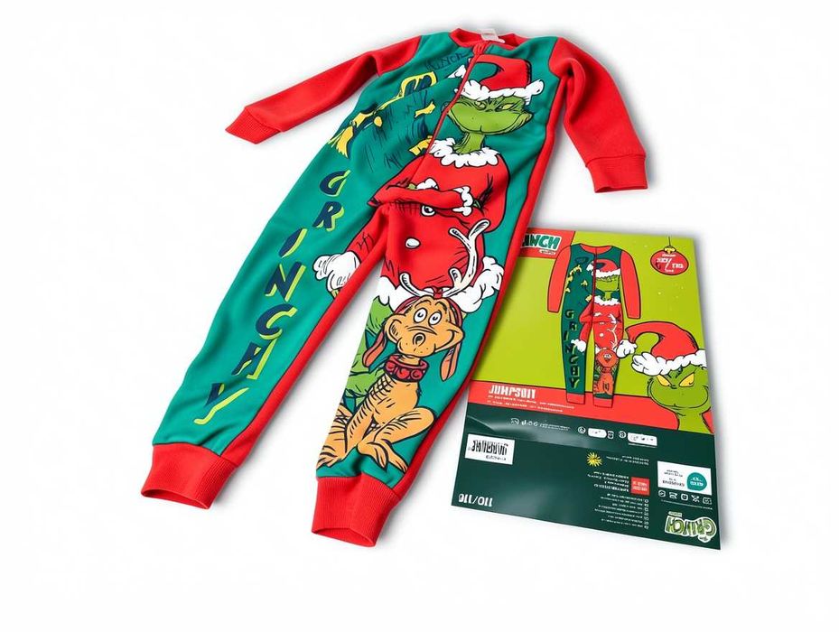 A041 Pajacyk Kombinezon Dziecięcy Pidżama Jednoczęściowa Grinch Pies Max Święta Rozmiar 110 / 116 Zielony Czerwony Dr Seuss Zimowa Pajac Przebranie