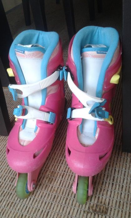 Patins em linha, nº 34+protecções cotovelos, joelhos e punhos