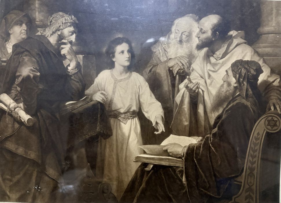 Grande antiga moldura Vitoriana com imagem do Jovem Jesus no Templo