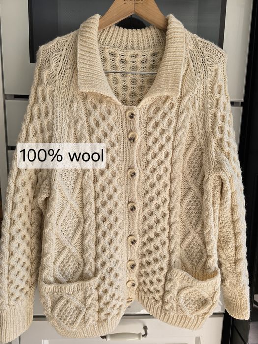 Kardigan wełniany damski handmade dziergany warkocz