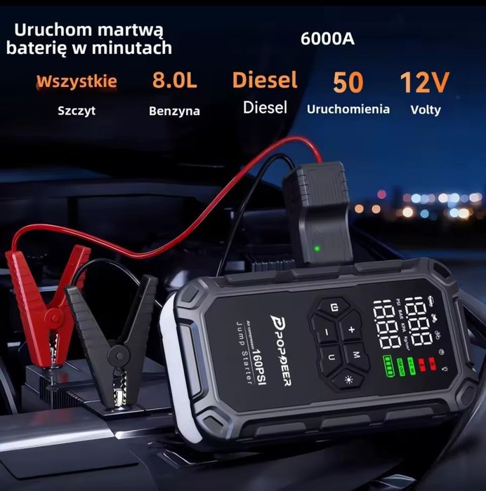 Booster rozruchowy 6000A jump starter usb powerbank kompresor pompka do koł latarka