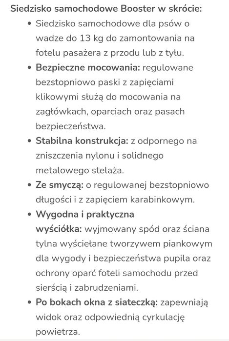 Siedzisko samochodowe dla psa