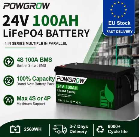 POWGROW 6000 Cycles Deep Cycle LiFePO4 Battery 24V 100AH