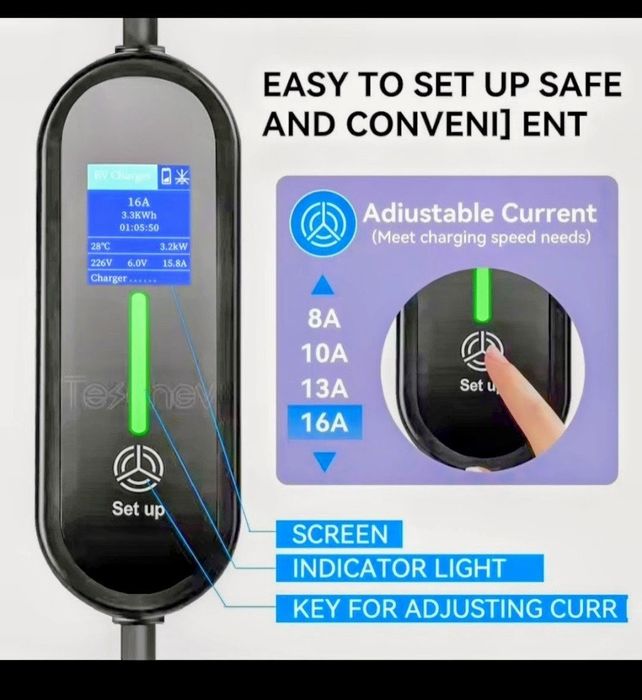 Carregador doméstico para viatura eléctrica regulável para 8,10 13 e 16 amperes, novo para Tesla ,Kia,BMW i3, Leaf,mini,Citroën, Peugeot -208 e outros