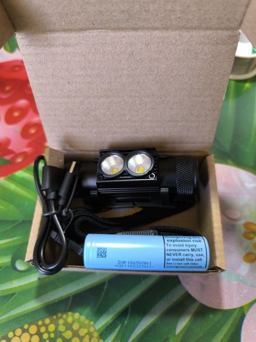 Фонарь налобный двухдиодный SOLOLANDOR +батарея 18650.