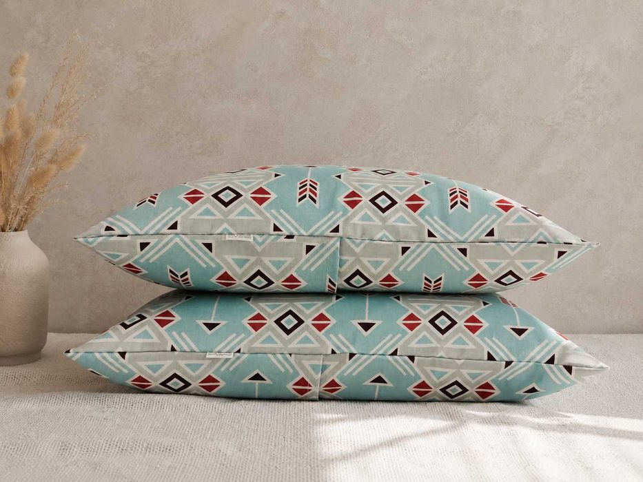 Poszewki 40x40 bawełna boho aztec geometryczne turkus czerwony | HandmadebyAmia