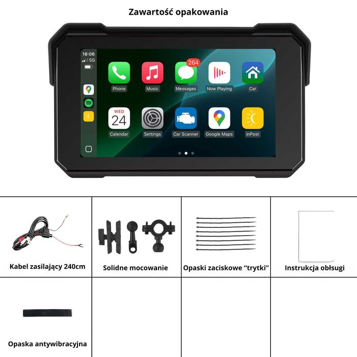 Carplay / Android Auto Motocyklowa  GPS nawigacja 5 cali