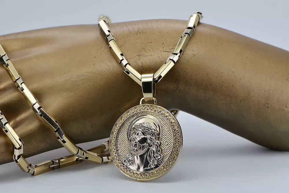 Złoty medalik Jezus 14k 585 i łańcuszek Hammer pj005yw20&cc047yw60 unisex Kraków biżuteria