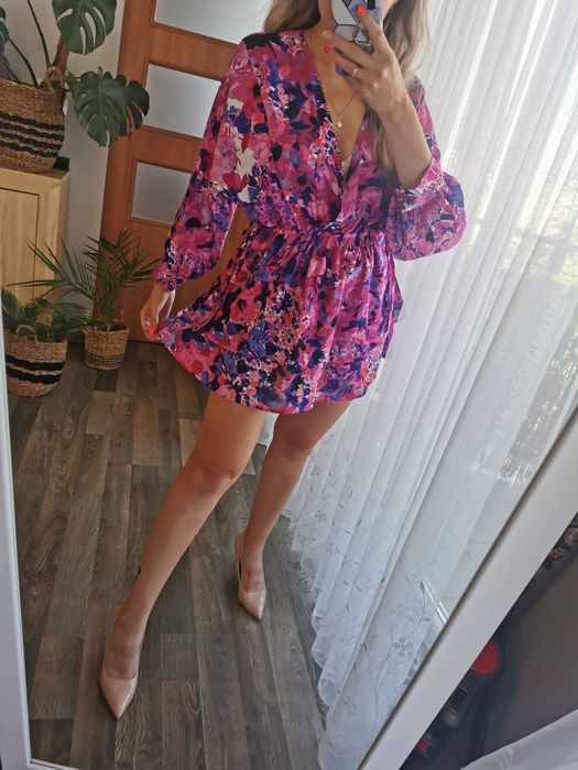 Krótka zwiewna wielokolorowa sukienka bufiaste rękawy kwiaty S flower