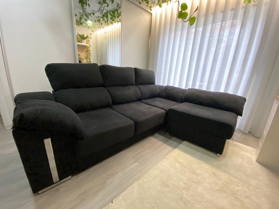 Sofa Modular Preto - 3 lugares + chaiselongue (Assentos Extensiveis)