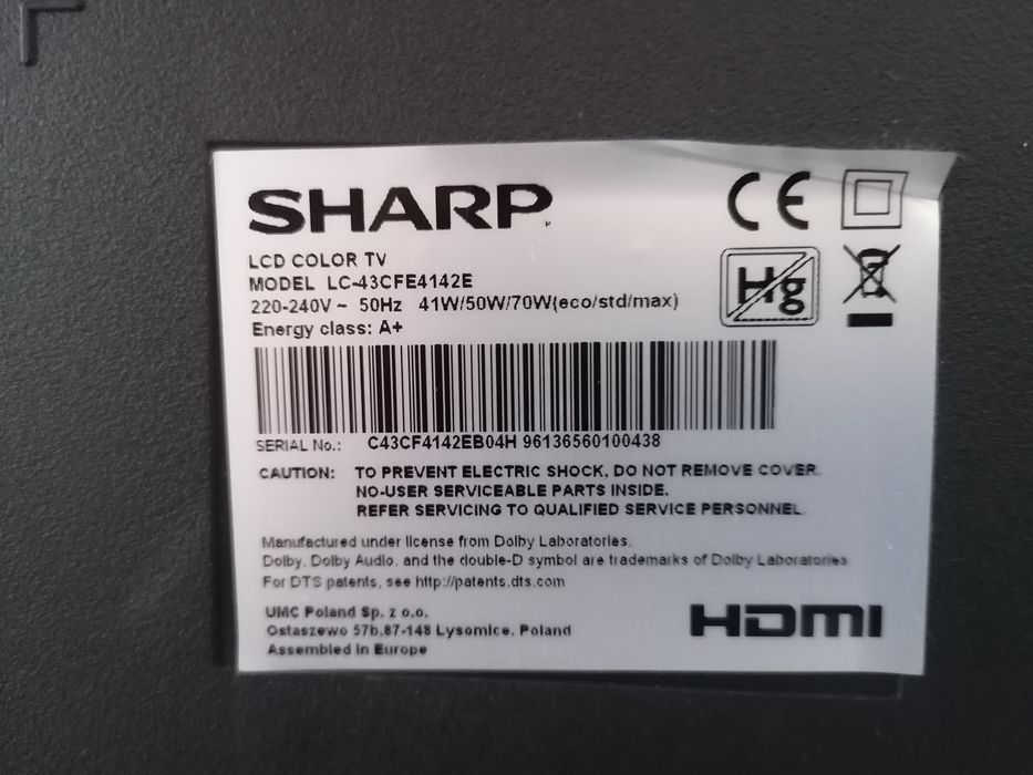 Telewizor sharp, uszkodzony