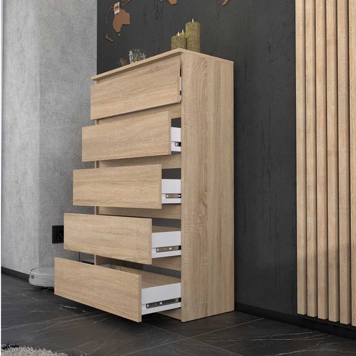Komoda Wysoka Do Salonu 70cm Nowoczesna Szafka 5 Szuflad Drewniana