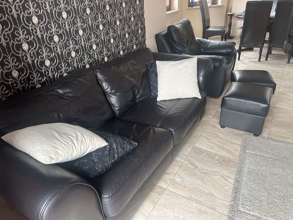 Zestaw wypoczynkowy skóra naturalna sofa+fotel+2 pufy