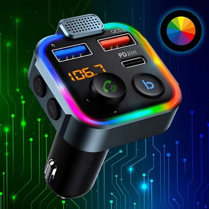 Transmiter FM z Szybką Ładowarką Bluetooth, Audio MP3, 3x USB, RGB