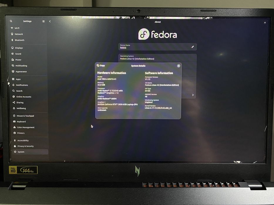 Laptop Acer Nitro V15/ Ryzen 5 7535HS / Nvidia RTX 3050 6GB / RAM 32GB