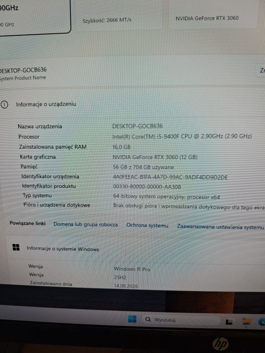 Pc gaming i5-9400 rtx3060 12gbvram 16GB pamięci ram 250ssd+500hdd zasilacz 700W