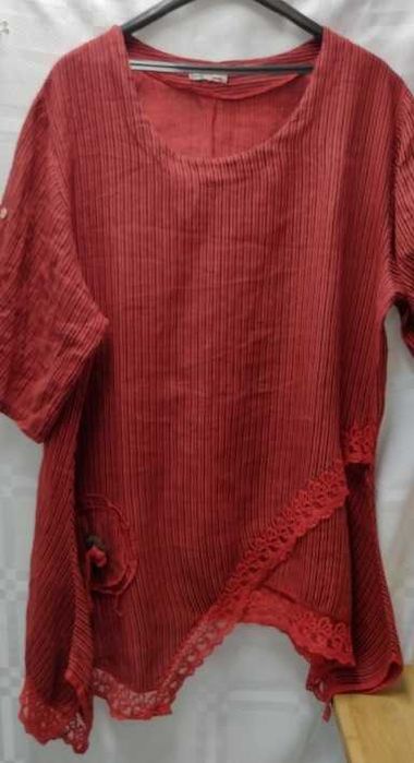 Italy bluzka tunika red koronki paski 48 50 len 100% 128 cm pachy