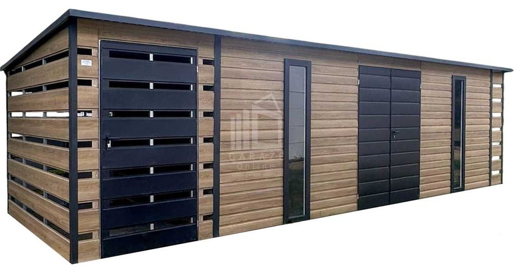 Schowek - domek ogrodowy PREMIUM 6x2,5m - wiata 0,5m - wiata 1,2m - drzwi - 2x okno - brama dwuskrzydłowa - winchester - drewnopodobny - dach  ID1057