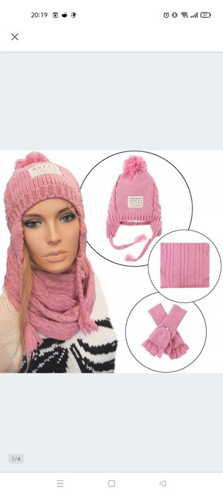 Nowy komplet zimowy czapka komin rekawiczki Moraj szary różowy 2x