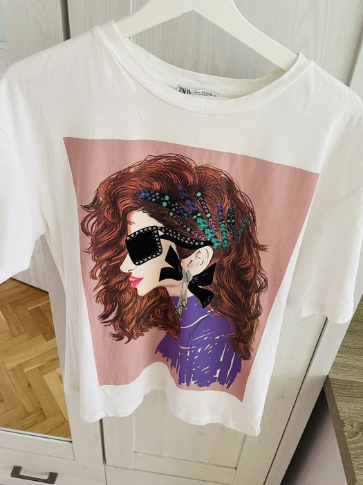 Zara S t shirt nadruk bialy