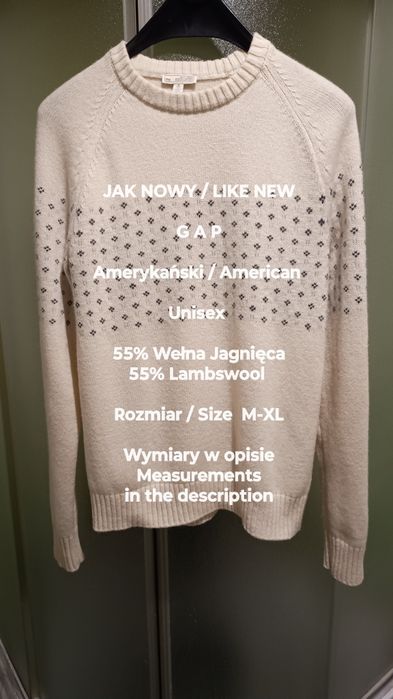 GAP  Amerykański  Ciepły sweter z wełny, 55% Wełna Jagnięca, Roz. M-XL