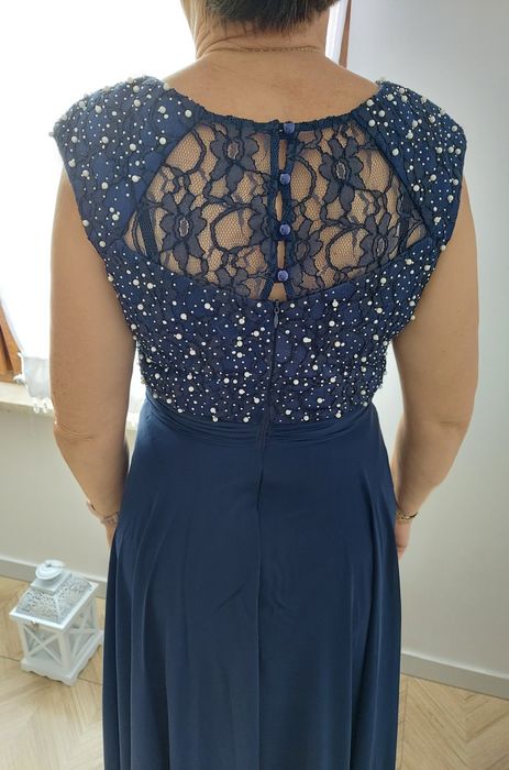 Piękna granatowa sukienka maxi długa elegancka perełki stan idelany 38
