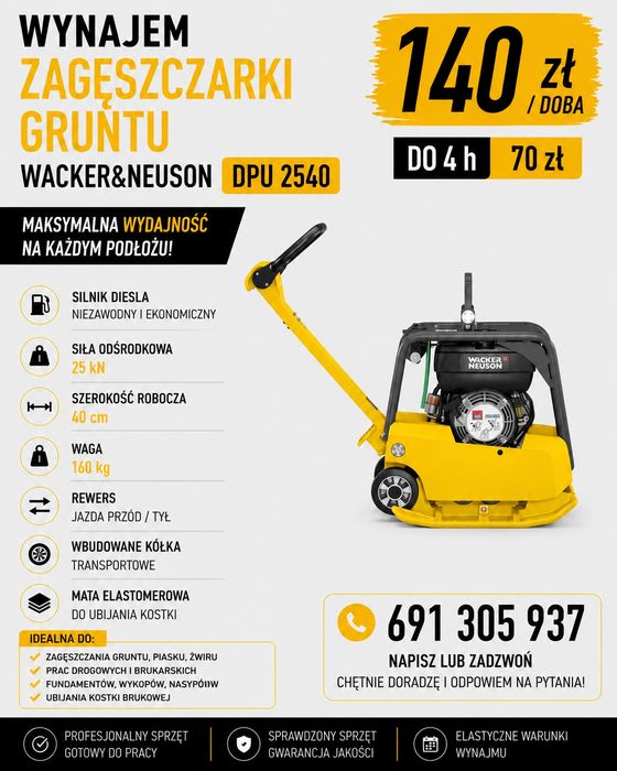 Wynajem zagęszczarka gruntu 80-400kg z przyczepką, młoty 3-42j i inne