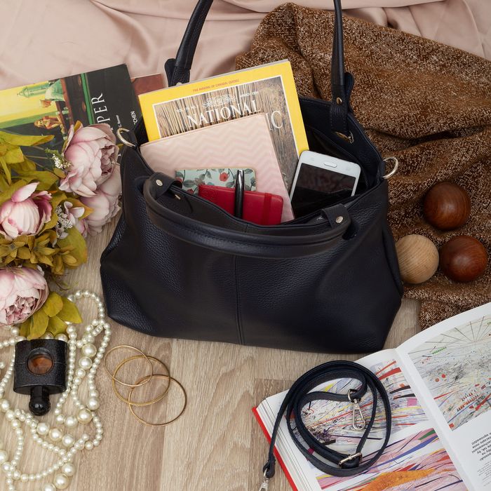 VERA PELLE torebka skórzana shopper z paskiem na ramię V658 granatowa