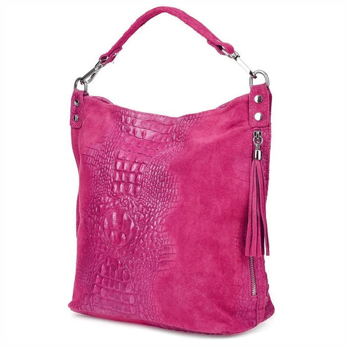 VERA PELLE torebka damska zamszowa worek kroko z paskiem V476 fuksja