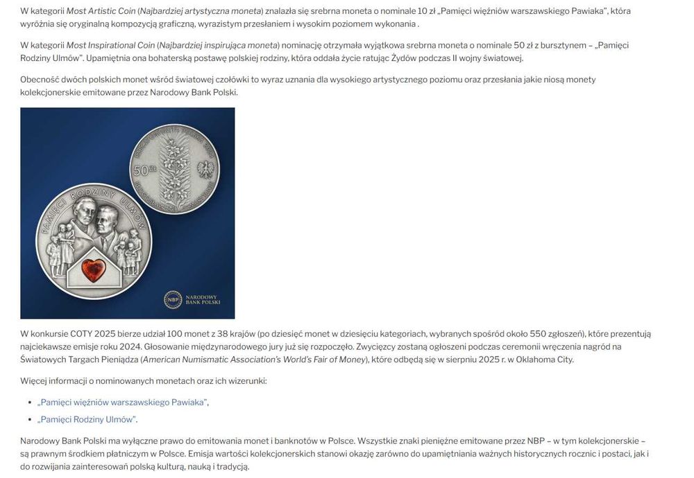 Moneta 50 zł Pamięci Rodziny Ulmów srebro 999 NBP Likwidacja kolekcji