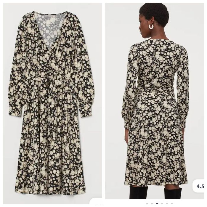 H&M S Elegancka sukienka midi czarna  w beżowe kwiaty długa