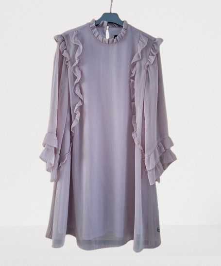 Liliowa Sukienka Mohito r. M Elegancka Falbany Długi Rękaw Podszewka