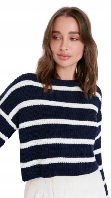 Trendyol granatowy sweter damski w białe paski z golfem 36 5aa