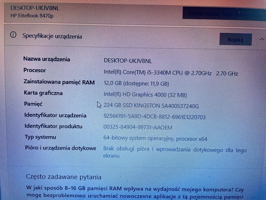 Laptop Hp Elitebook 8470P + zasilacz