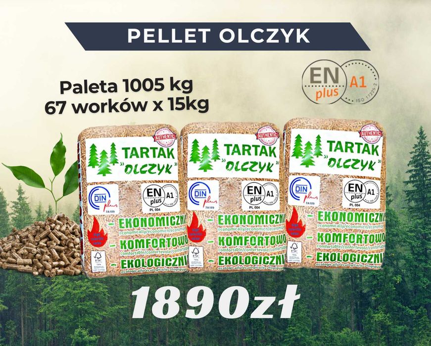 Pellet Olczyk EnPlus A1 6mm - Pakowany w workach 15KG - 1005KG