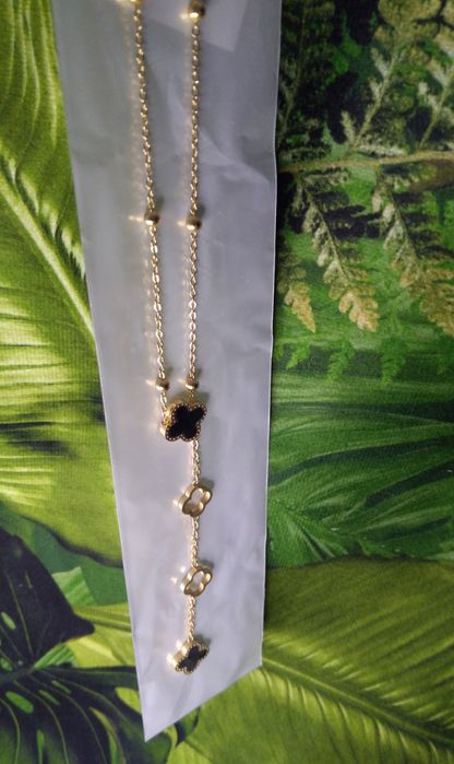 Naszyjnik Boho krawatka kwiaty koniczynka stal butik czarny kryształ