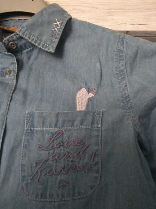 Koszula jeans z wyszywanymi elementami, dziewczęca, 164