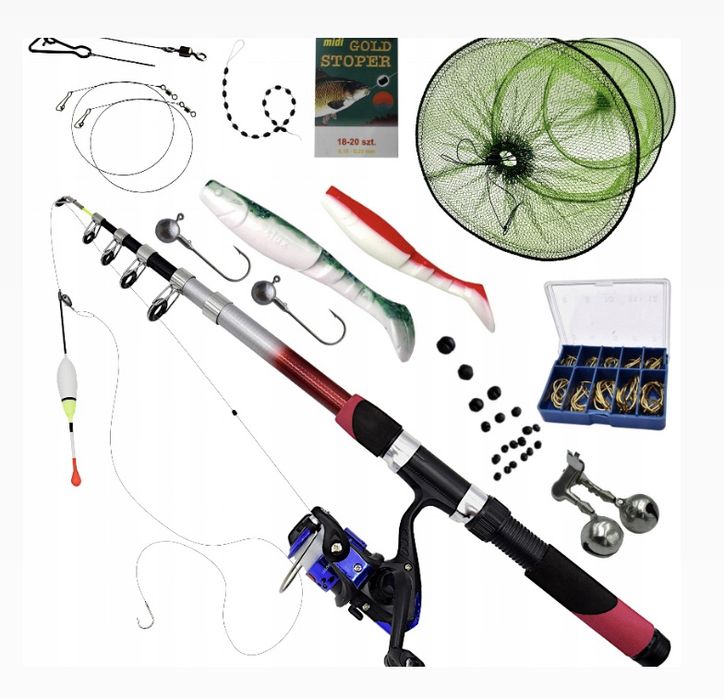 Zestaw wędkarski wędka spławik siatka kołowrotek akcesoria 11w1