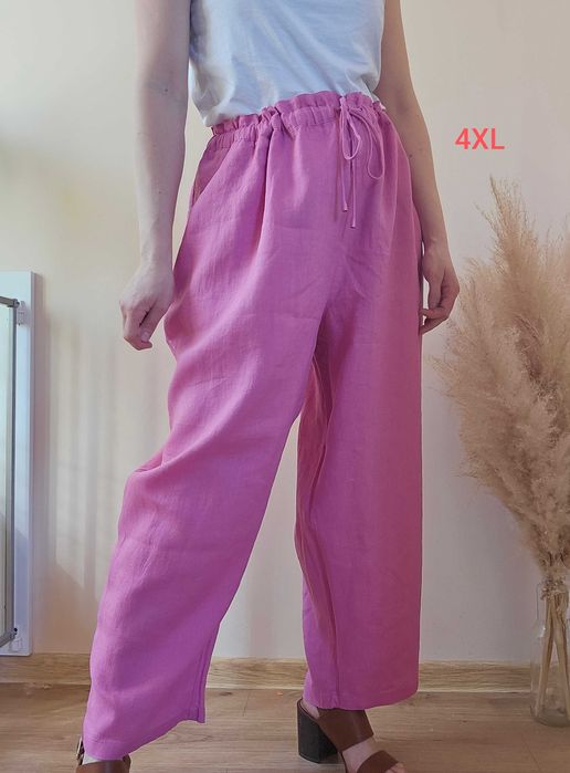 Letnie długie spodnie lniane 100% len różowy boho 50/52