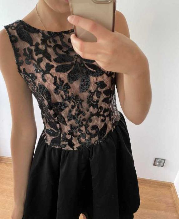 Roco 40 Sukienka rozkloszowana koronka cekiny czarna 40 l damska