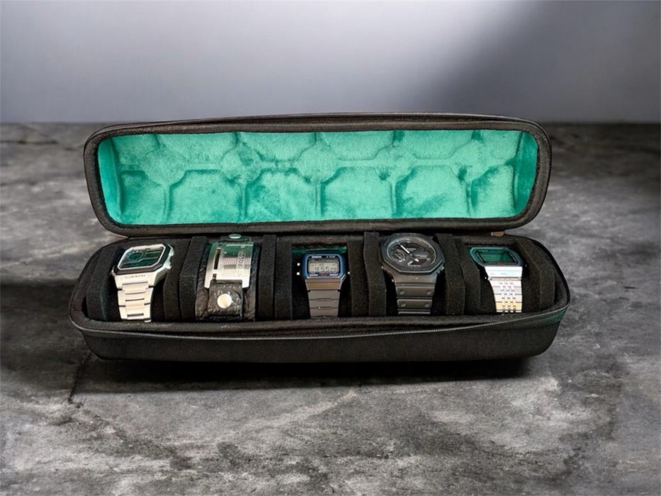 Premium etui organizer na 5 zegarków czarno-zielone pudełko case