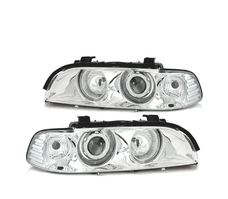 FARÓIS BMW E39 95-03 XENON ANGEL EYES FUNDO CROMADO