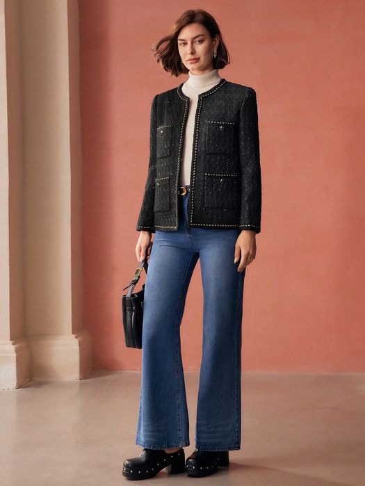 Kurtka Tweedowa Elegancka Cekinowa Czarna Premium Motf M 38