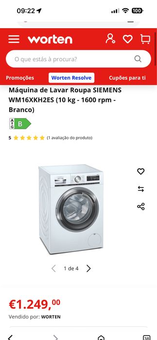 Máquina de Lavar Roupa SIEMENS IQ700  WM16XKH2ES (10 kg - 1600 rpm - Branco)
