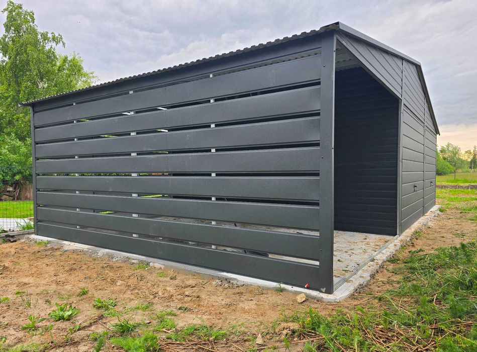 Garaż Blaszany Antracyt Mat + Dodatkowa Wiata z Paneli
