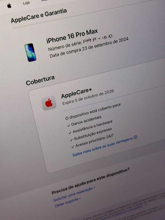 iPhone 16 Pro Max titânio preto, 256GB, bateria a 94%, com AppleCare+