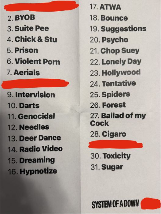 SOAD System Of A Down Setlista